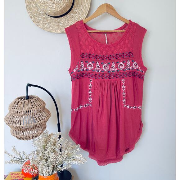 Free People Boho Top Linen Viscose embroidered Red Sleeveless Tunic - Picture 4 of 7